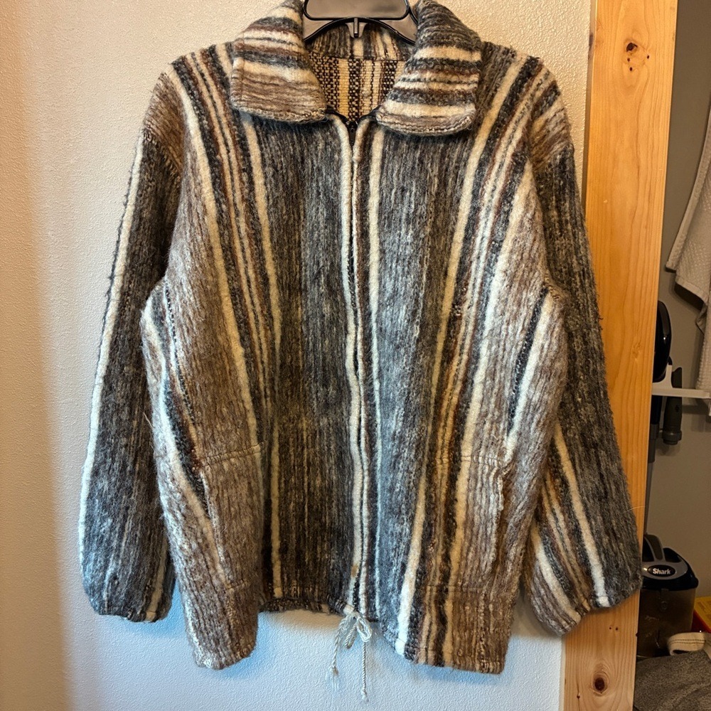 Condor Imports Shaggy Wool Zip Up Jacket Bolivian Hand-Woven Material 80s Sz M